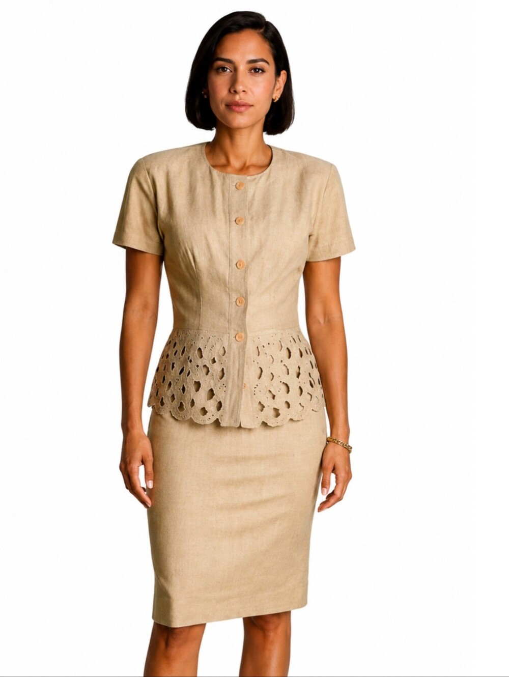Pia Rucci Women’s Tan Vintage Two Piece Skirt Suit & Blazer Set